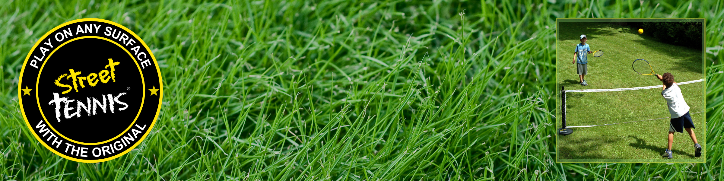 Grass surface with Street Tennis logo and a small inset of two people playing tennis on a freshly cut lawn.